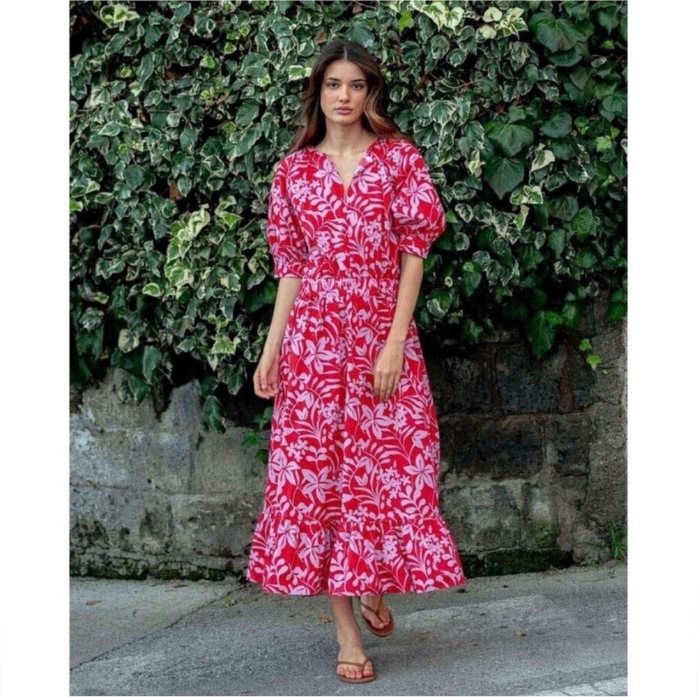 Voyageur Mersea Hedy Tropical red Floral Puff Sleeve Tiered Midi/maxi dress M